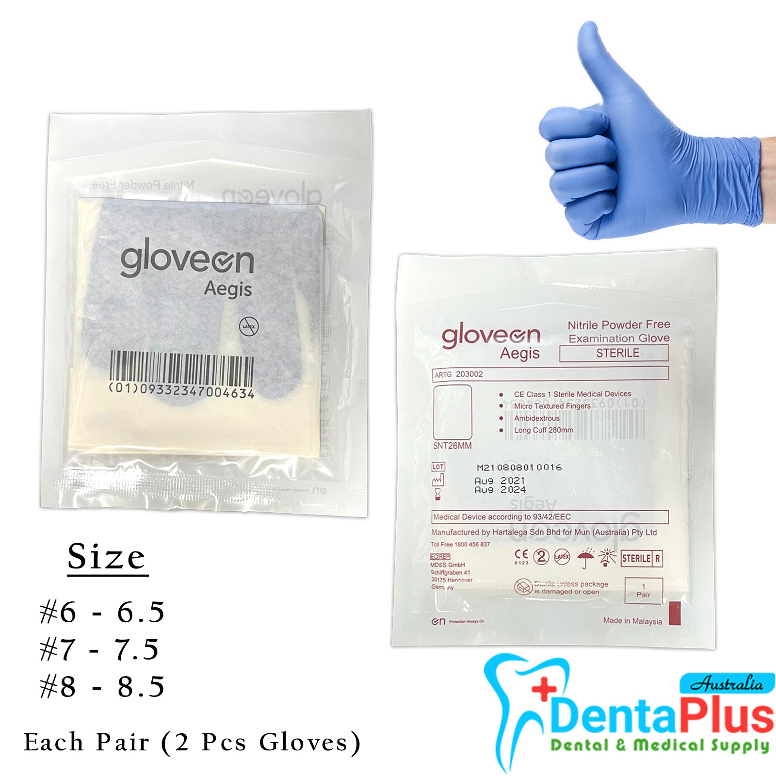 Aegis/Gloveon Surgical Sterile Nitrile Exam Gloves Long Cuff #Each Pair (2 Pcs Gloves)